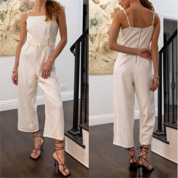 undefined Pants - Lace Up Waist Square Neck Wide Leg Jumpsuit